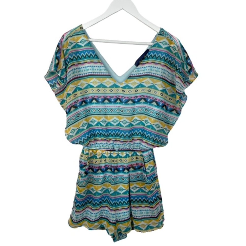 BLUE RAIN Womens S Multi Patterned Printed Romper V-Neck Short Flutter Sleeves